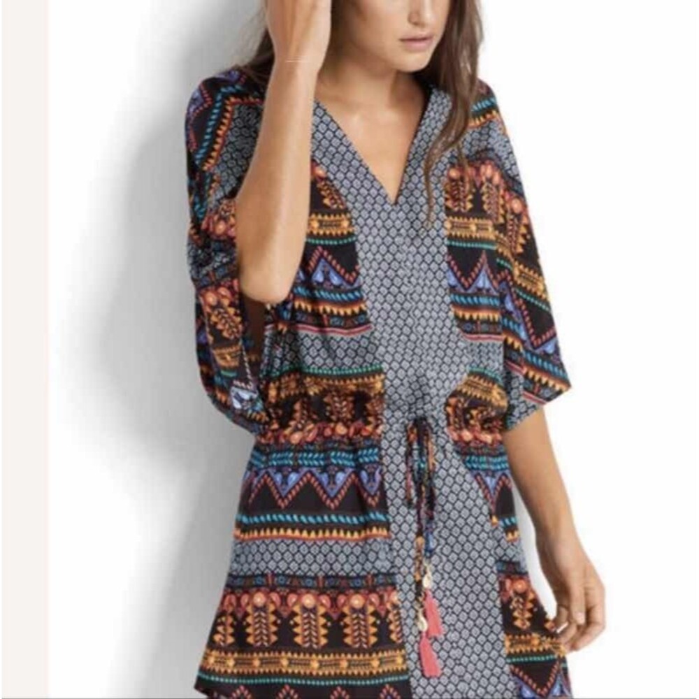 Seafolly Australia Kaftan Swim Cover-Up Dress Size M Tassels Boho